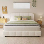 Queen/King Size Upholstered Platform Bed Frame with Soft Headboard, Curve-Shaped, Beige - ModernLuxe