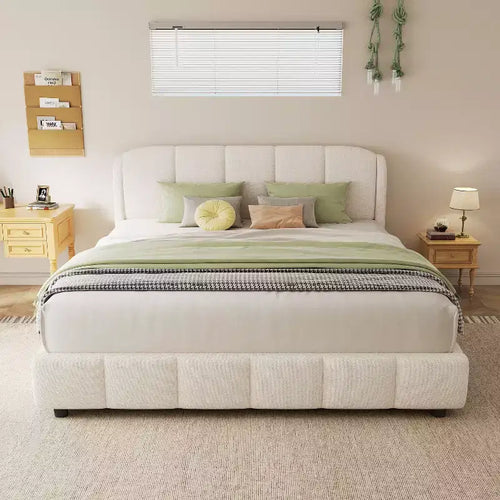Queen/King Size Upholstered Platform Bed Frame with Soft Headboard, Curve-Shaped, Beige - ModernLuxe