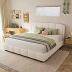 Struttura letto a piattaforma in tessuto Bouclé Beige con testiera curva, Queen/King, 2 persone