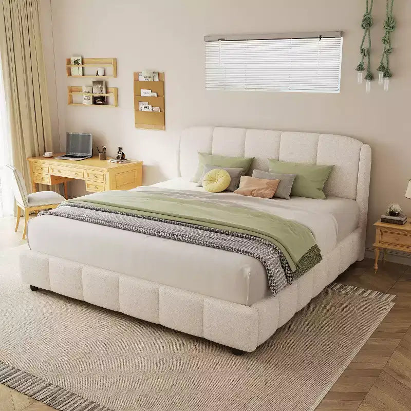 Struttura letto a piattaforma in tessuto Bouclé Beige con testiera curva, Queen/King, 2 persone