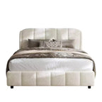 Struttura letto a piattaforma in tessuto Bouclé Beige con testiera curva, Queen/King, 2 persone