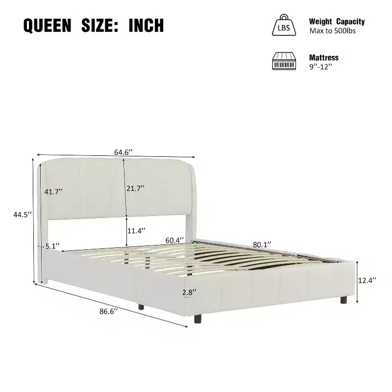 Struttura letto a piattaforma in tessuto Bouclé Beige con testiera curva, Queen/King, 2 persone