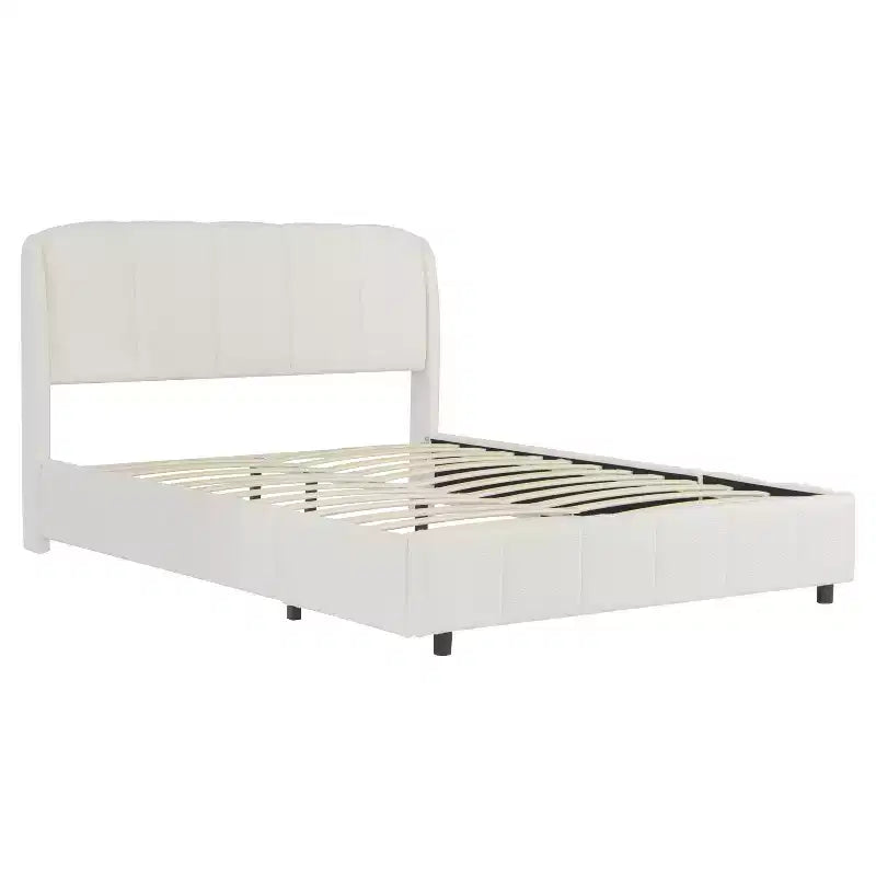 Struttura letto a piattaforma in tessuto Bouclé Beige con testiera curva, Queen/King, 2 persone