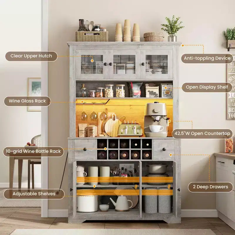 Armadietto dispensa stile rustico da 68.7", Nero+Marrone / Grigio / Bianco, Autoportante, Monoutente