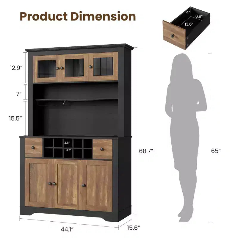 Armadietto dispensa stile rustico da 68.7", Nero+Marrone / Grigio / Bianco, Autoportante, Monoutente