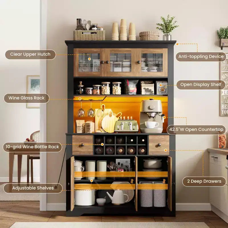 Armadietto dispensa stile rustico da 68.7", Nero+Marrone / Grigio / Bianco, Autoportante, Monoutente
