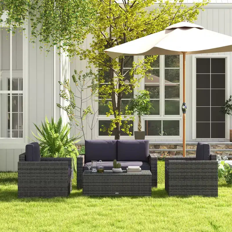Set divano da esterno in rattan PE bianco crema/grigio a 4 posti (4 pezzi)