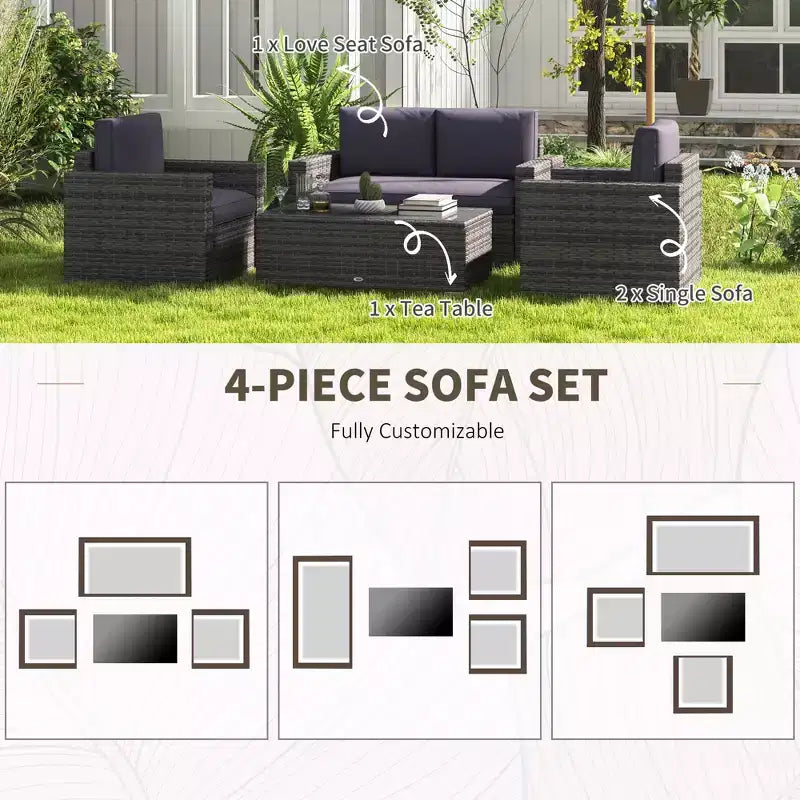 Set divano da esterno in rattan PE bianco crema/grigio a 4 posti (4 pezzi)