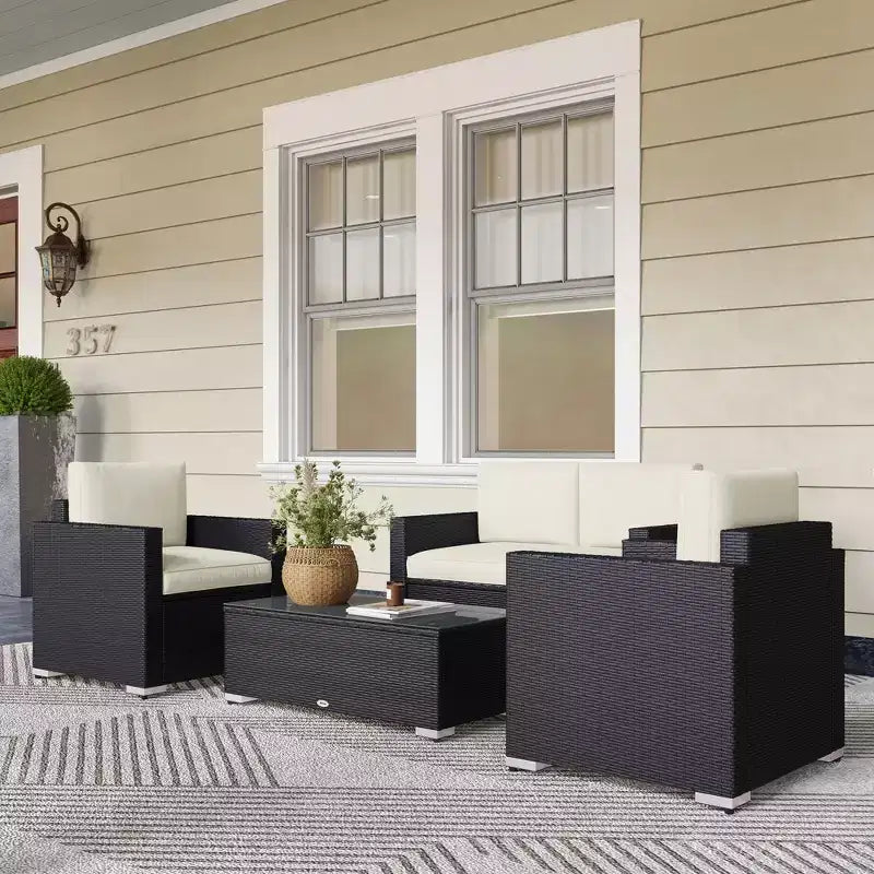 Set divano da esterno in rattan PE bianco crema/grigio a 4 posti (4 pezzi)