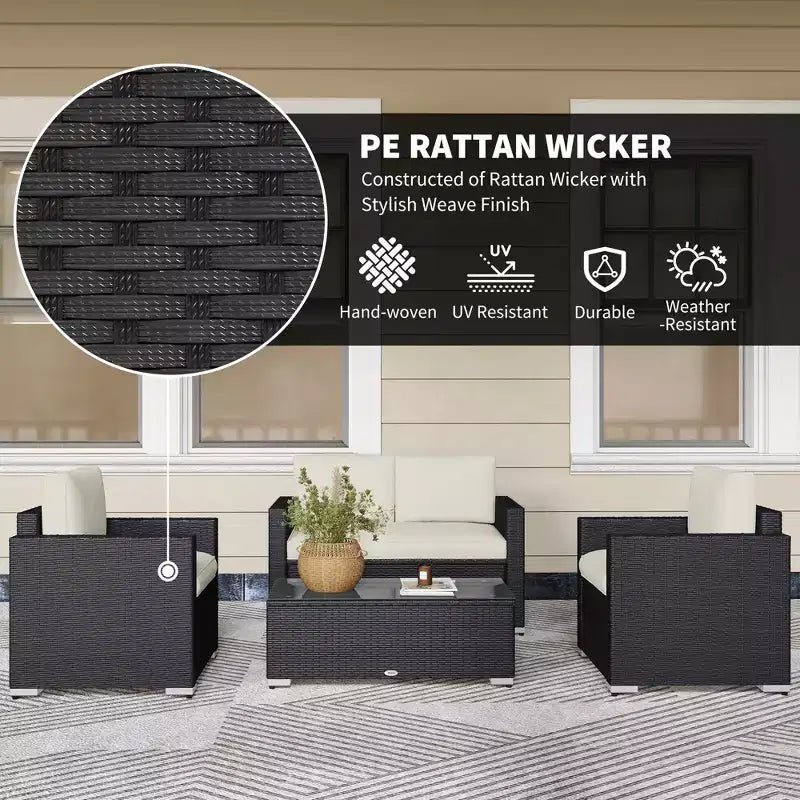 Set divano da esterno in rattan PE bianco crema/grigio a 4 posti (4 pezzi)