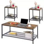 FurnitureR 3 Piece Industrial Coffee Table Set with Storage Shelf, Rustic Living Room Table Set,Includes 1 Coffee Table and 2 End Tables for Sofa Side