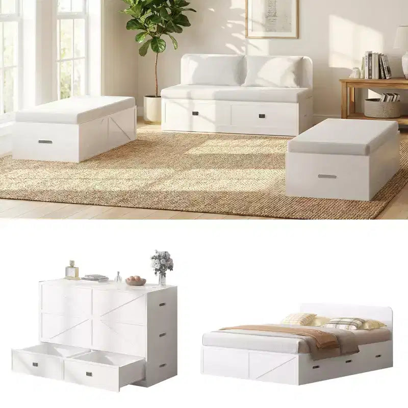 Letto a scomparsa a mobile convertibile bianco con divano, matrimoniale francese/matrimoniale, 2 posti