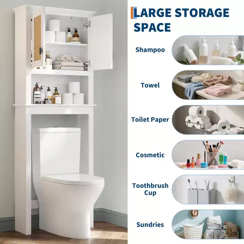 Mobile da bagno salvaspazio sopra WC, 2 ante in rattan, ripiano regolabile, montaggio per 1 persona