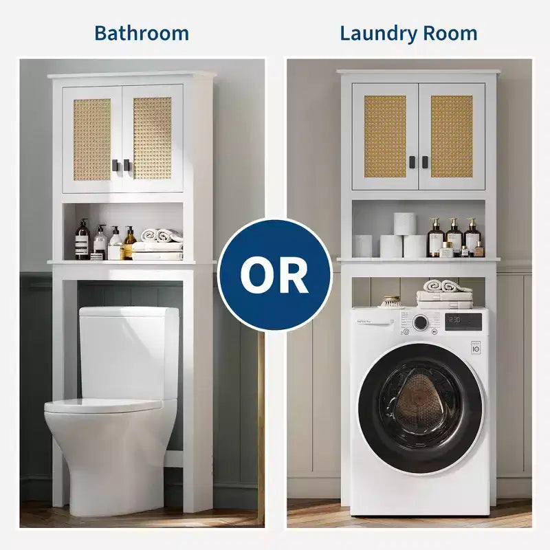 Mobile da bagno salvaspazio sopra WC, 2 ante in rattan, ripiano regolabile, montaggio per 1 persona