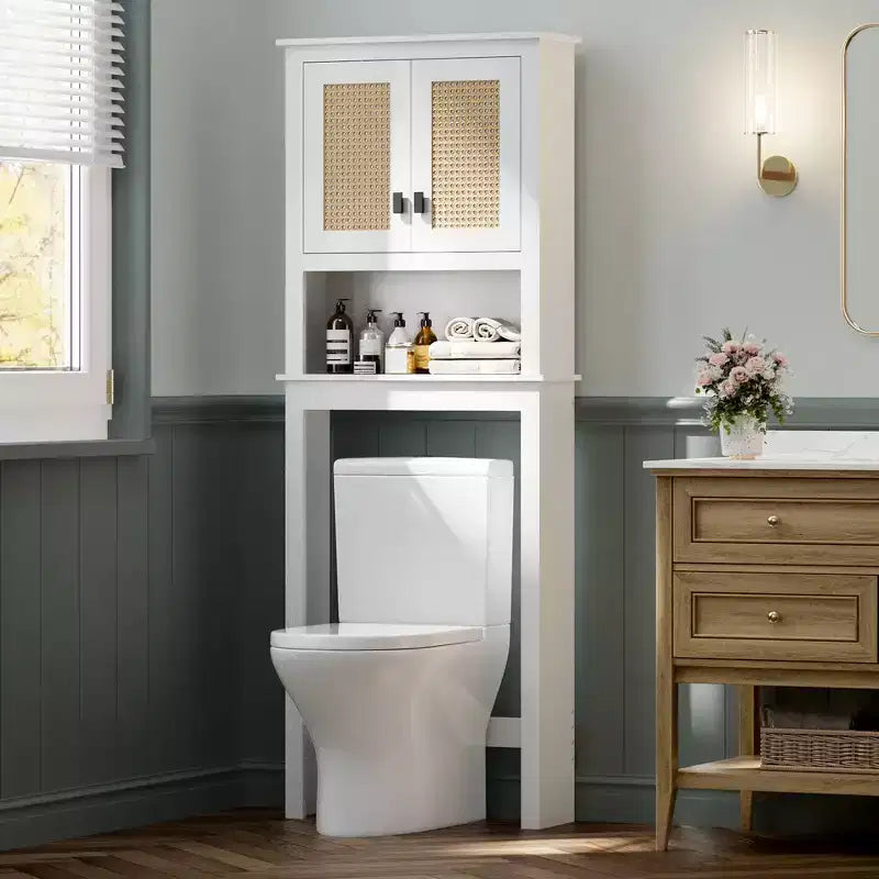 Mobile da bagno salvaspazio sopra WC, 2 ante in rattan, ripiano regolabile, montaggio per 1 persona