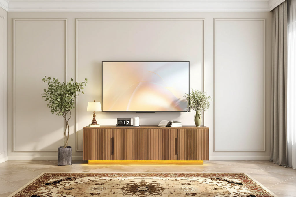 Zevemomo 67.7 Farmhouse TV Stand for 75 Inch TV with 16 Color LED Lights, 6 Storage Compartments, Media Console for Living Room, Brown