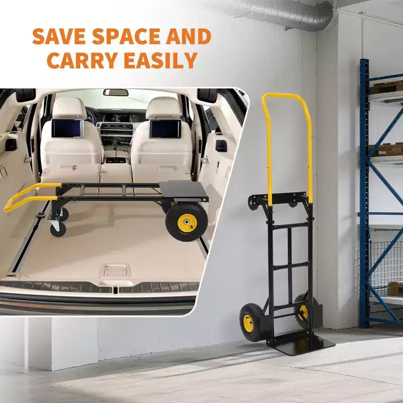 Carrello a mano convertibile 2-in-1 e carrello pieghevole – Nero e arancione/giallo, capacità 180–360 kg, utilizzo da 1 a 2 persone