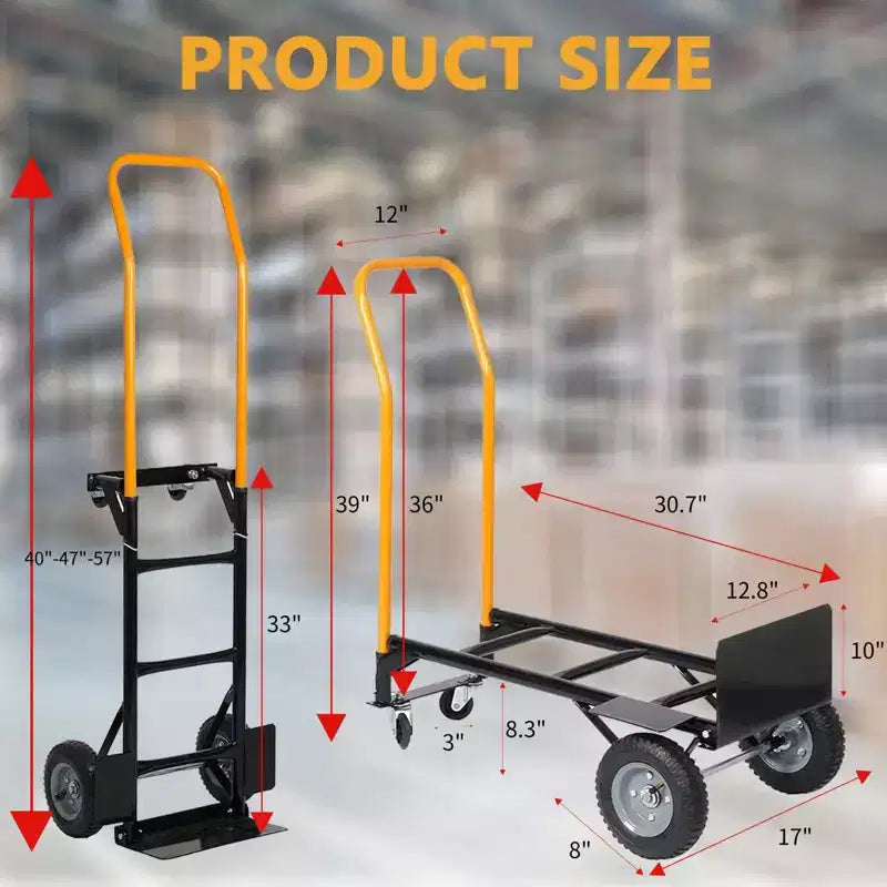 Carrello a mano convertibile 2-in-1 e carrello pieghevole – Nero e arancione/giallo, capacità 180–360 kg, utilizzo da 1 a 2 persone