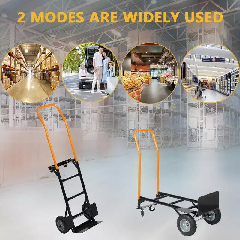 Carrello a mano convertibile 2-in-1 e carrello pieghevole – Nero e arancione/giallo, capacità 180–360 kg, utilizzo da 1 a 2 persone
