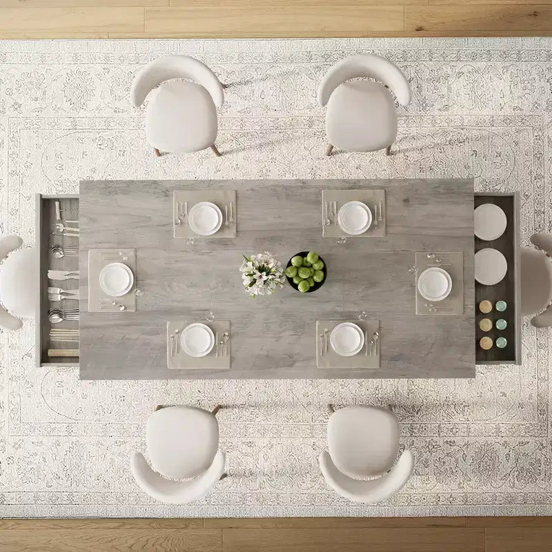 Tavolo da pranzo rettangolare grigio/noce con 2 cassetti, posti 6–8
