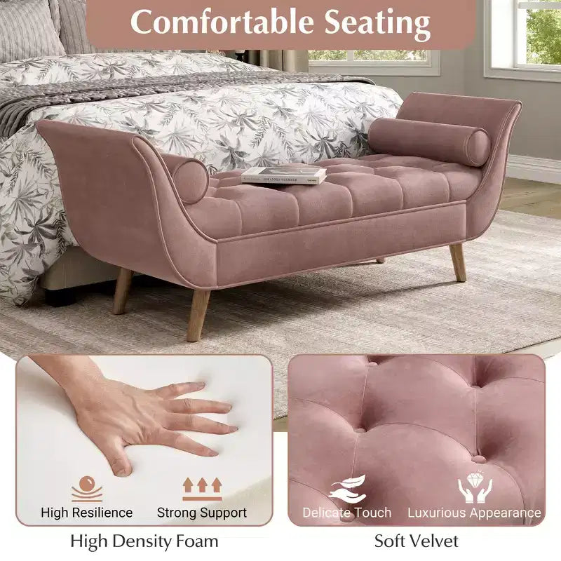 Panca fondo letto in velluto Beige/Blu/Rosa/Viola – Capitonnè, 2 cuscini, gambe in rovere, 1 posto
