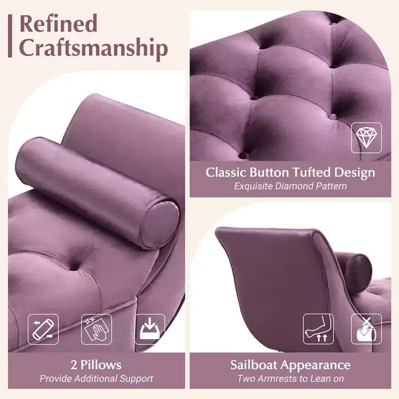 Panca fondo letto in velluto Beige/Blu/Rosa/Viola – Capitonnè, 2 cuscini, gambe in rovere, 1 posto