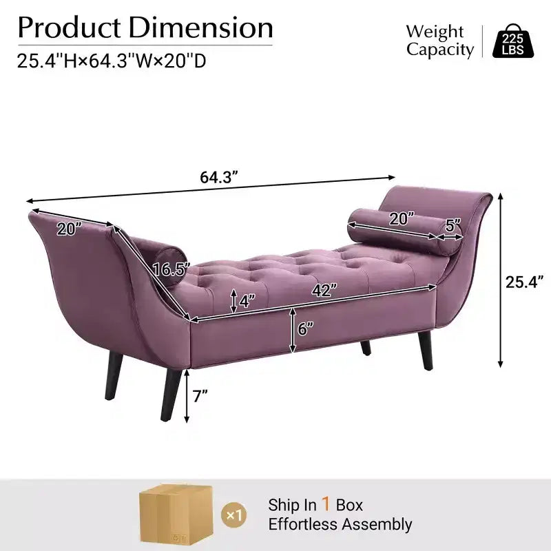 Panca fondo letto in velluto Beige/Blu/Rosa/Viola – Capitonnè, 2 cuscini, gambe in rovere, 1 posto