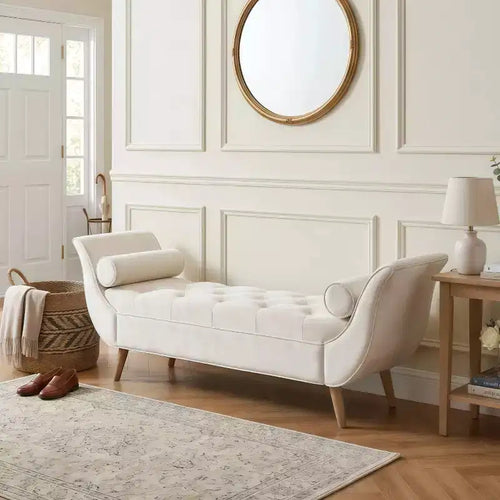 Whisen End of Bed Bench, Storage Ottoman, Entryway Bench with Tufted Velvet, Rolled Arms, 2 Detachable Pillows, Solid Oak Legs, Easy Assembly