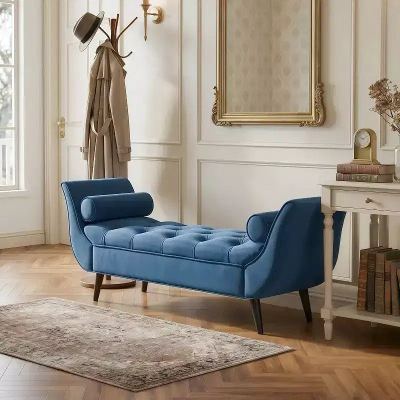 Panca fondo letto in velluto Beige/Blu/Rosa/Viola – Capitonnè, 2 cuscini, gambe in rovere, 1 posto