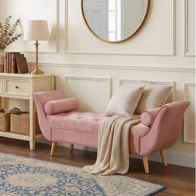 Panca fondo letto in velluto Beige/Blu/Rosa/Viola – Capitonnè, 2 cuscini, gambe in rovere, 1 posto