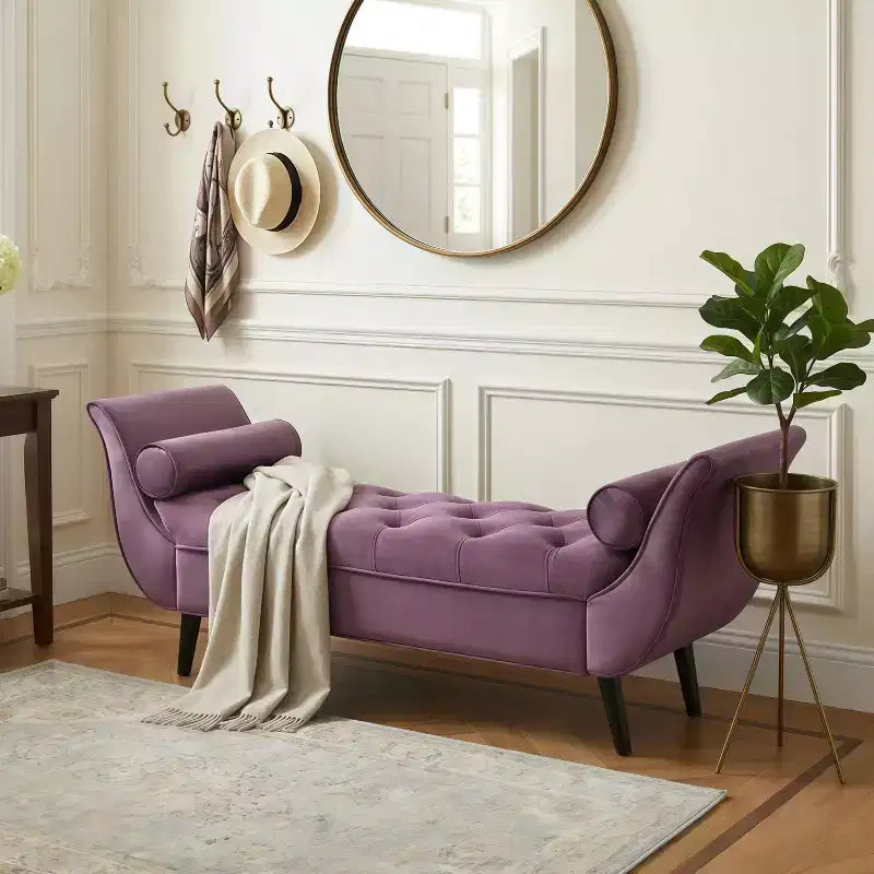 Panca fondo letto in velluto Beige/Blu/Rosa/Viola – Capitonnè, 2 cuscini, gambe in rovere, 1 posto