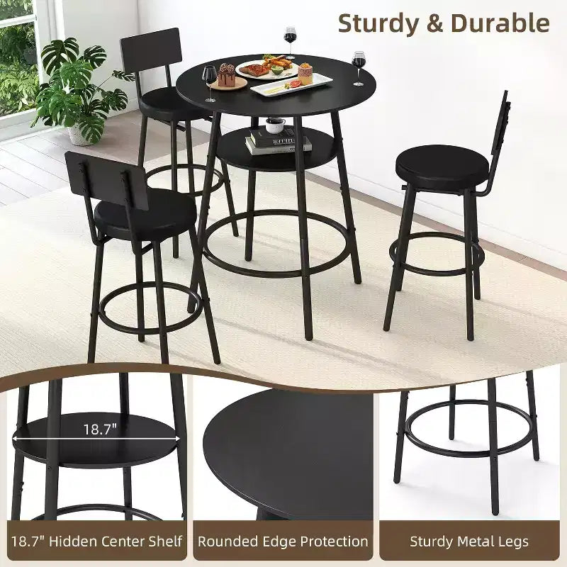 Set Tavolo Rotondo da Bar Nero per 3 Persone, Metallo e Legno, 4 Pezzi