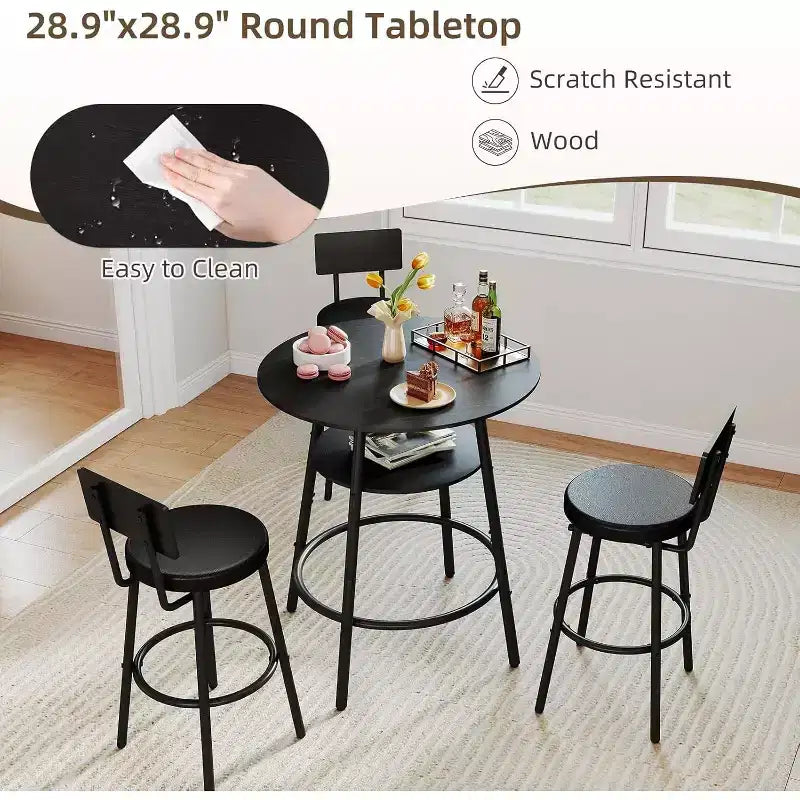 Set Tavolo Rotondo da Bar Nero per 3 Persone, Metallo e Legno, 4 Pezzi