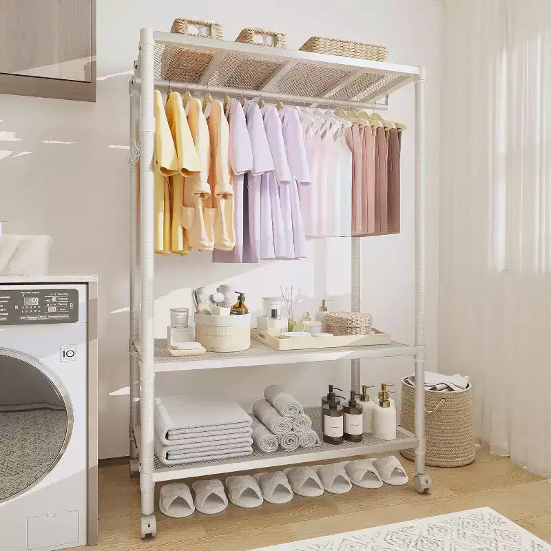 Grigio Chiaro / Bianco / Beige Stender Avvolgibile a 3 Ripiani con Scaffali e Ganci – Uso Singolo