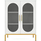 White Metal Double Arched Fluted Glass Cabinet, 2 Glass Doors Storage Cabinet with Adjustable Shelves, Modern Sideboard for Living Room, Dining Room