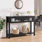 Wood Console Table for Entryway  43.3 Narrow Sofa Table w/ 2 Glass Drawers, Farmhouse MDF Storage Shelf for Living Room & Foyer