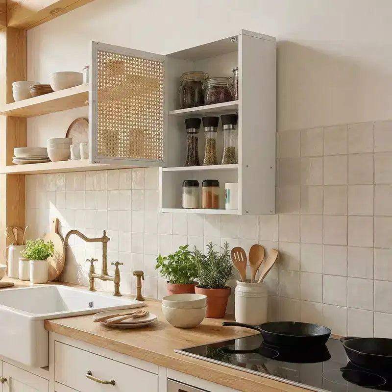 Mobiletto pensile in bambù e rattan naturale e bianco, Montaggio da 1 persona, Sopra il WC, 3 ripiani