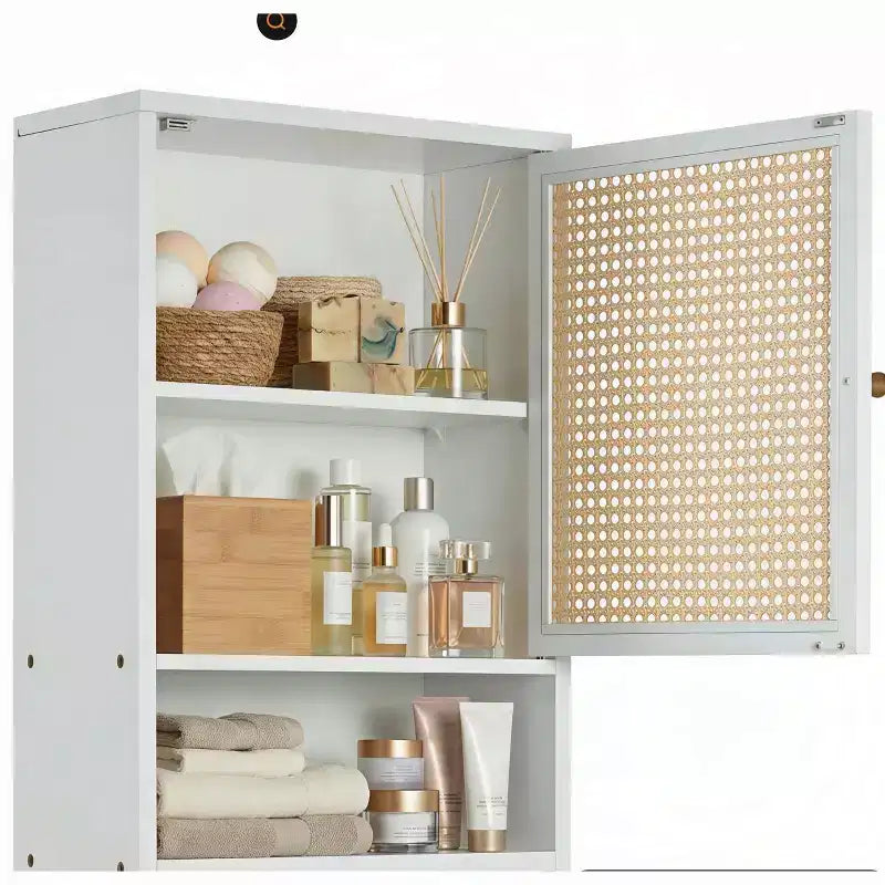 Mobiletto pensile in bambù e rattan naturale e bianco, Montaggio da 1 persona, Sopra il WC, 3 ripiani