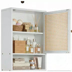 Mobiletto pensile in bambù e rattan naturale e bianco, Montaggio da 1 persona, Sopra il WC, 3 ripiani