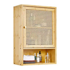 Bamboo Wall Cabinet with Rattan Doors, Over-The-Toilet Storage Organizer, Adjustable Shelf, Wall-Mounted Medicine Cabinet for Laundry