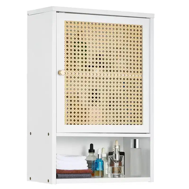 Mobiletto pensile in bambù e rattan naturale e bianco, Montaggio da 1 persona, Sopra il WC, 3 ripiani
