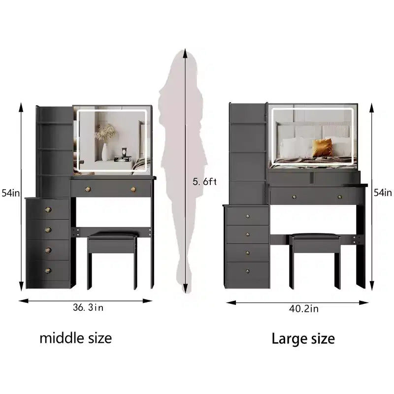 Toeletta Nera Irregolare a 2 Posti con Specchio a LED e Mobiletto Laterale