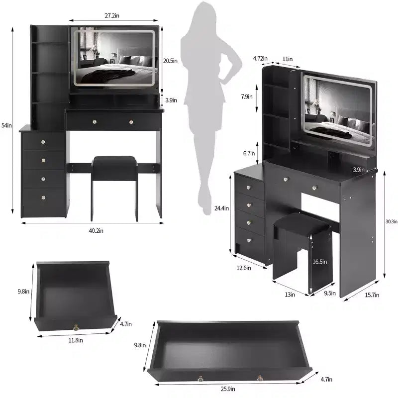 Toeletta Nera Irregolare a 2 Posti con Specchio a LED e Mobiletto Laterale