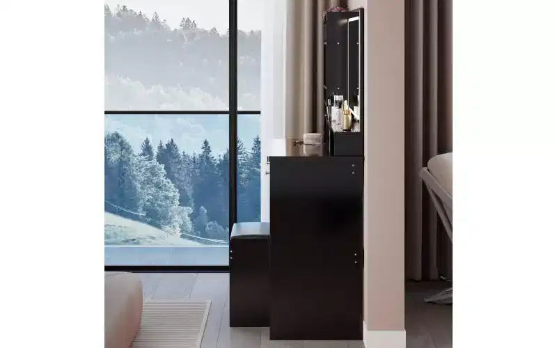 Toeletta Nera Irregolare a 2 Posti con Specchio a LED e Mobiletto Laterale