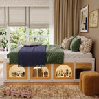 Letto a Piattaforma con Libreria sulla Pediera, Mobiletto a LED e Cassetto Contenitore – Rosa/Bianco o Bianco/Naturale – Matrimoniale/Queen – 1 Persona