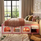 Letto a Piattaforma con Libreria sulla Pediera, Mobiletto a LED e Cassetto Contenitore – Rosa/Bianco o Bianco/Naturale – Matrimoniale/Queen – 1 Persona