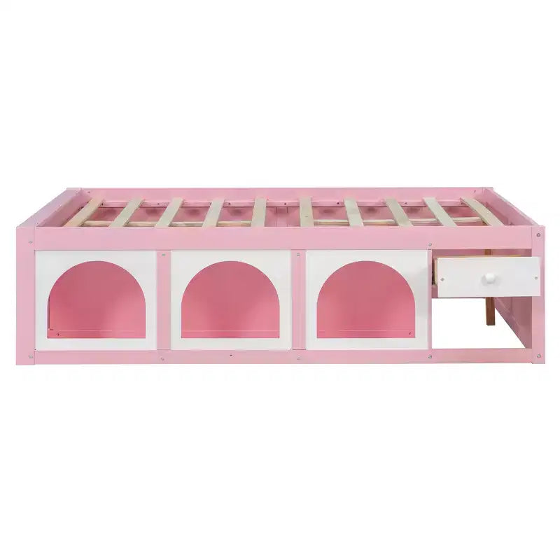 Letto a Piattaforma con Libreria sulla Pediera, Mobiletto a LED e Cassetto Contenitore – Rosa/Bianco o Bianco/Naturale – Matrimoniale/Queen – 1 Persona