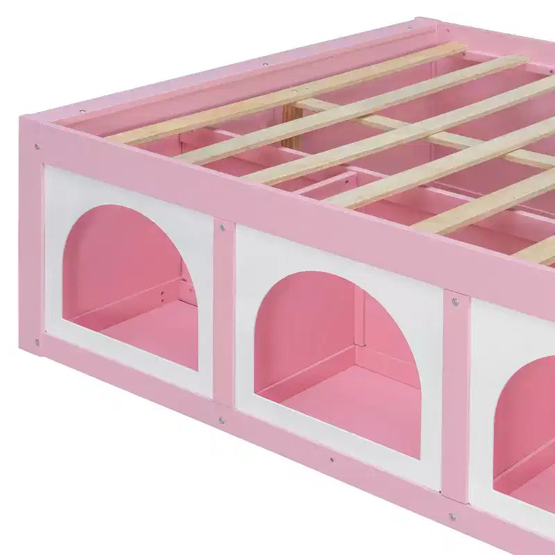 Letto a Piattaforma con Libreria sulla Pediera, Mobiletto a LED e Cassetto Contenitore – Rosa/Bianco o Bianco/Naturale – Matrimoniale/Queen – 1 Persona