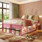 Polibi Wooden Platform Bed with Footboard Bookshelf, LED Display Cabinet & Storage Drawer