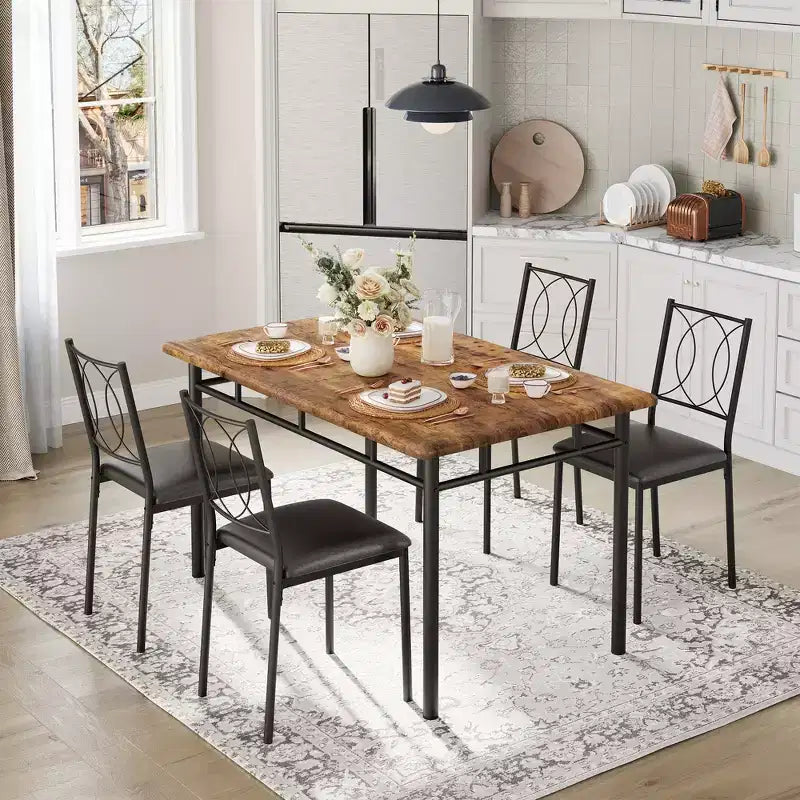 Set da pranzo 5 pezzi, Nero e marrone, Rettangolare, 4 posti